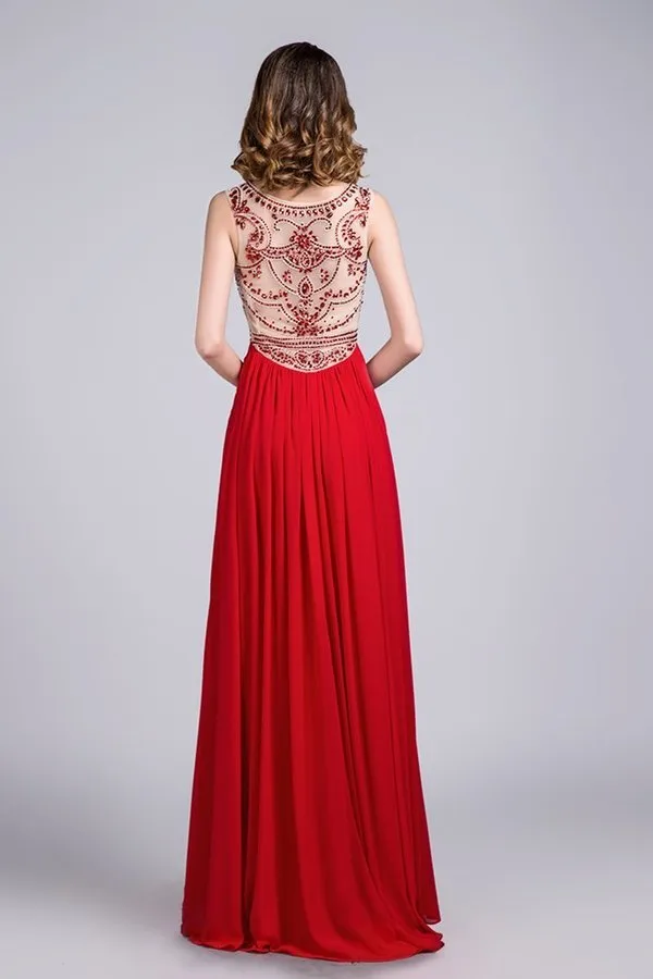 2024 Hot Selling Scoop A Line Full Length Red Prom Dress Beaded Tulle Bodice With Chiffon P9EM67BB