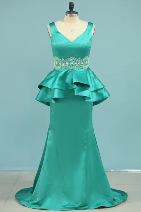 2024 Satin Prom Dresses Mermaid V Neck With PHCQFL4F