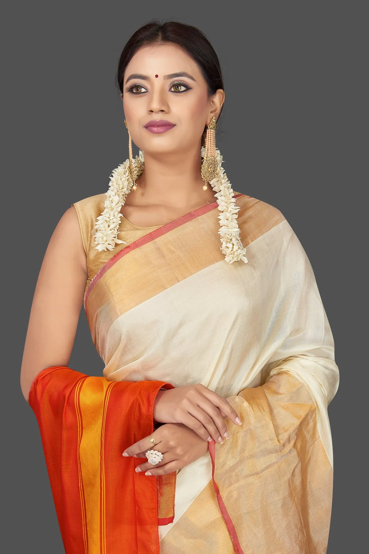 90J787 Off White Uppada Silk Sari with Golden Zari Border