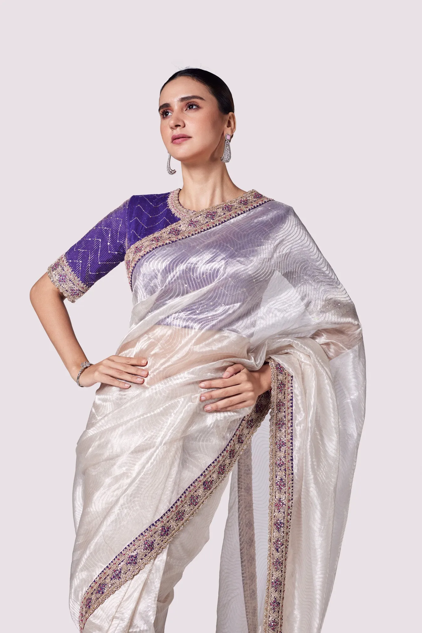 92A120 Silver Zari Tissue Saree with Purple Embroidered Blouse