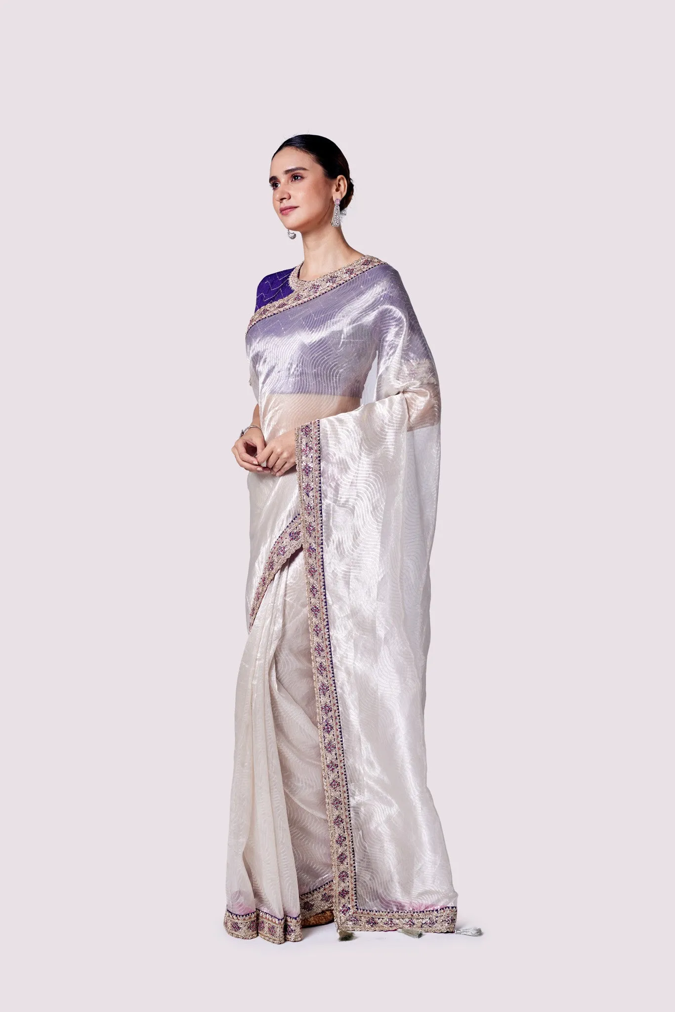 92A120 Silver Zari Tissue Saree with Purple Embroidered Blouse