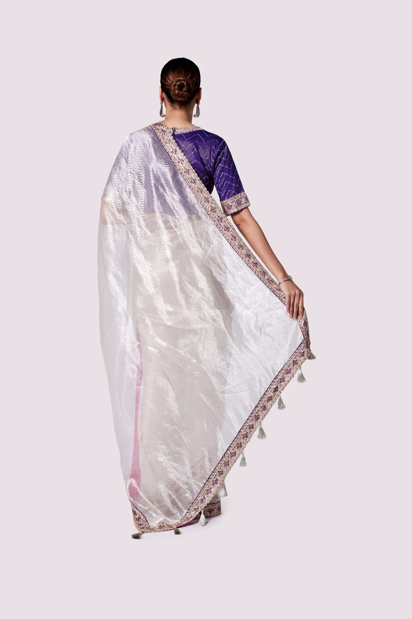 92A120 Silver Zari Tissue Saree with Purple Embroidered Blouse