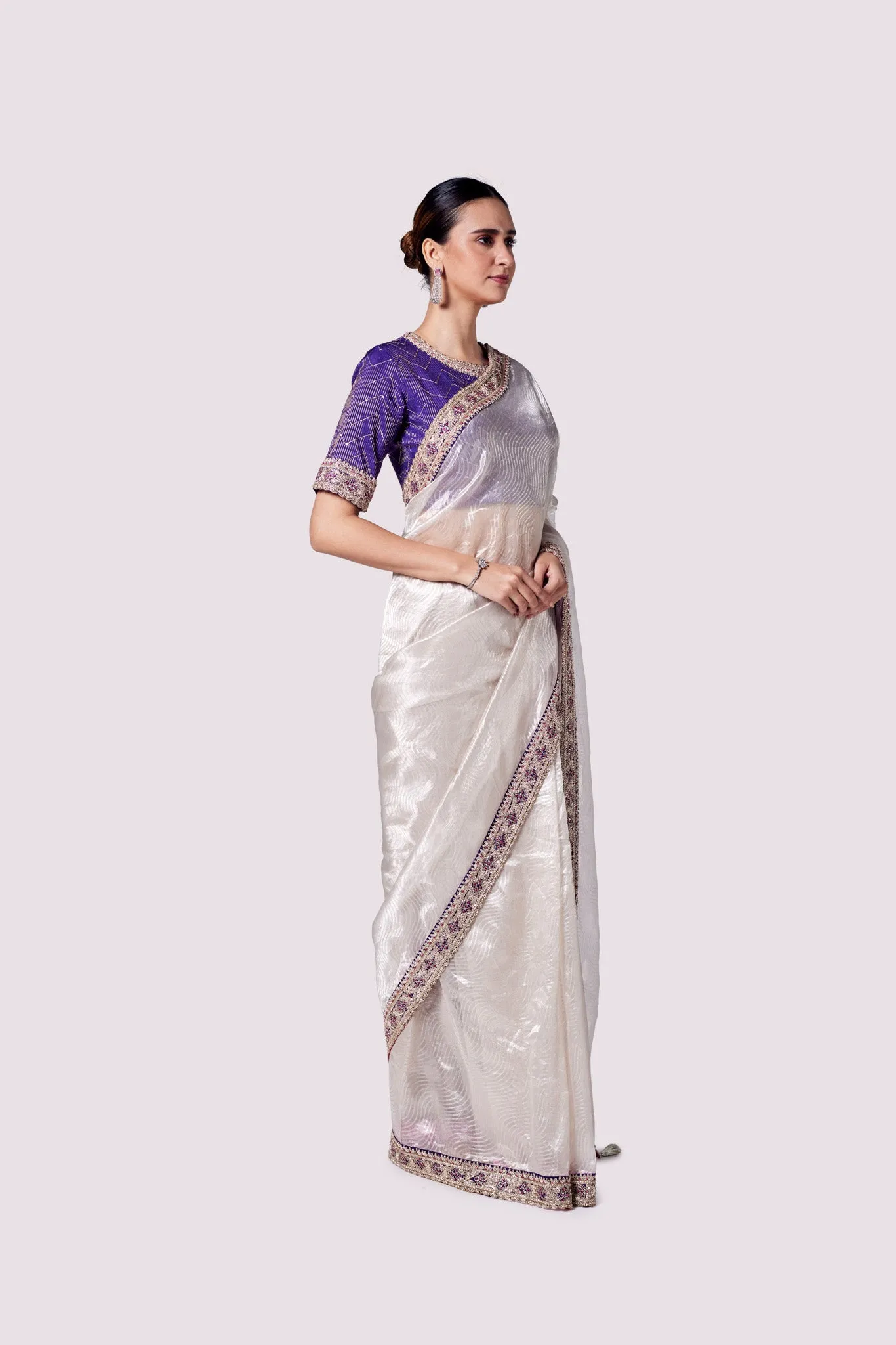 92A120 Silver Zari Tissue Saree with Purple Embroidered Blouse