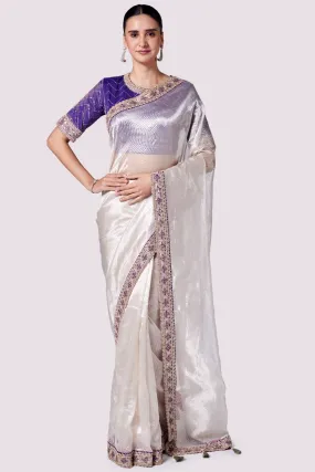 92A120 Silver Zari Tissue Saree with Purple Embroidered Blouse