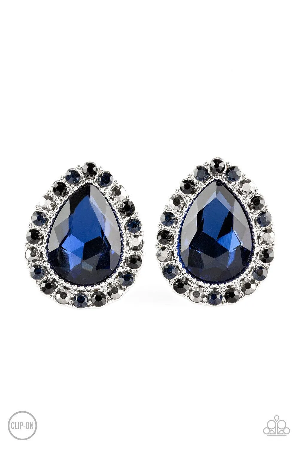 All HAUTE and Bothered Multi Blue and Hematite Rhinestone Clip-on Earrings - Paparazzi Accessories