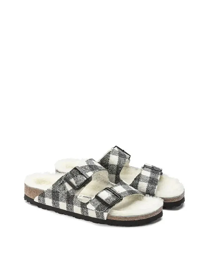 Birkenstock Arizona Shearling Wool Narrow Sandal Plaid White