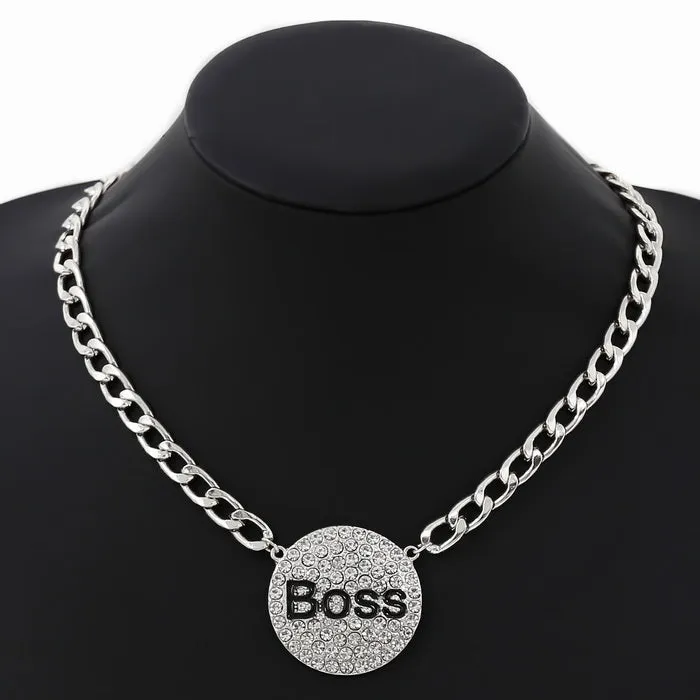 BOSS Rhinestone Pave Disc Pendant Curb Chain Necklace