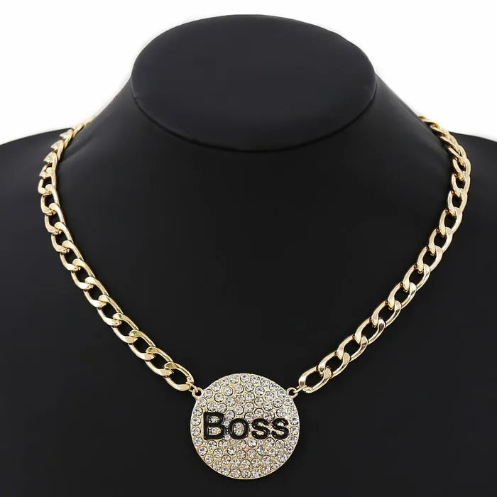 BOSS Rhinestone Pave Disc Pendant Curb Chain Necklace