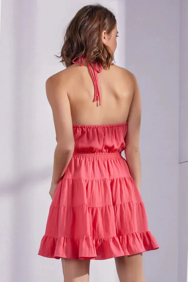 Buckle Detail Ruffle Halter Dress - Coral