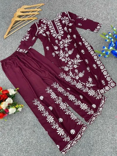 Burgandy Cotton Chikankari Work Kurti Palazzo Set