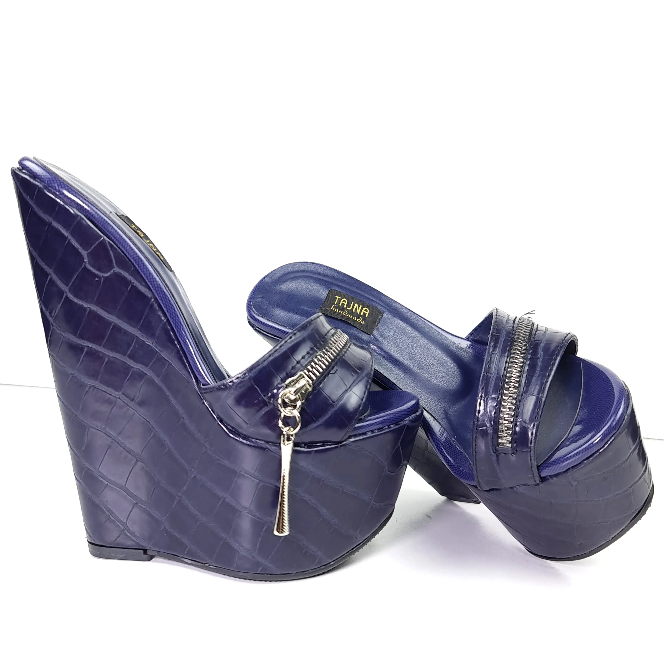 Dark Navy Croco Print High Heel Mules