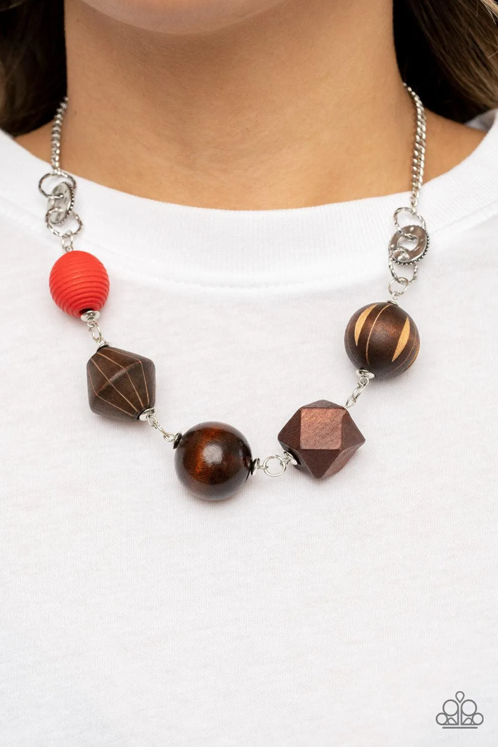 Eco Extravaganza Red & Brown Wood Necklace - Paparazzi Accessories