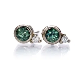 Fair Trade Blue-Green Montana Sapphire Bezel Stud Earrings With Moissanite Accents