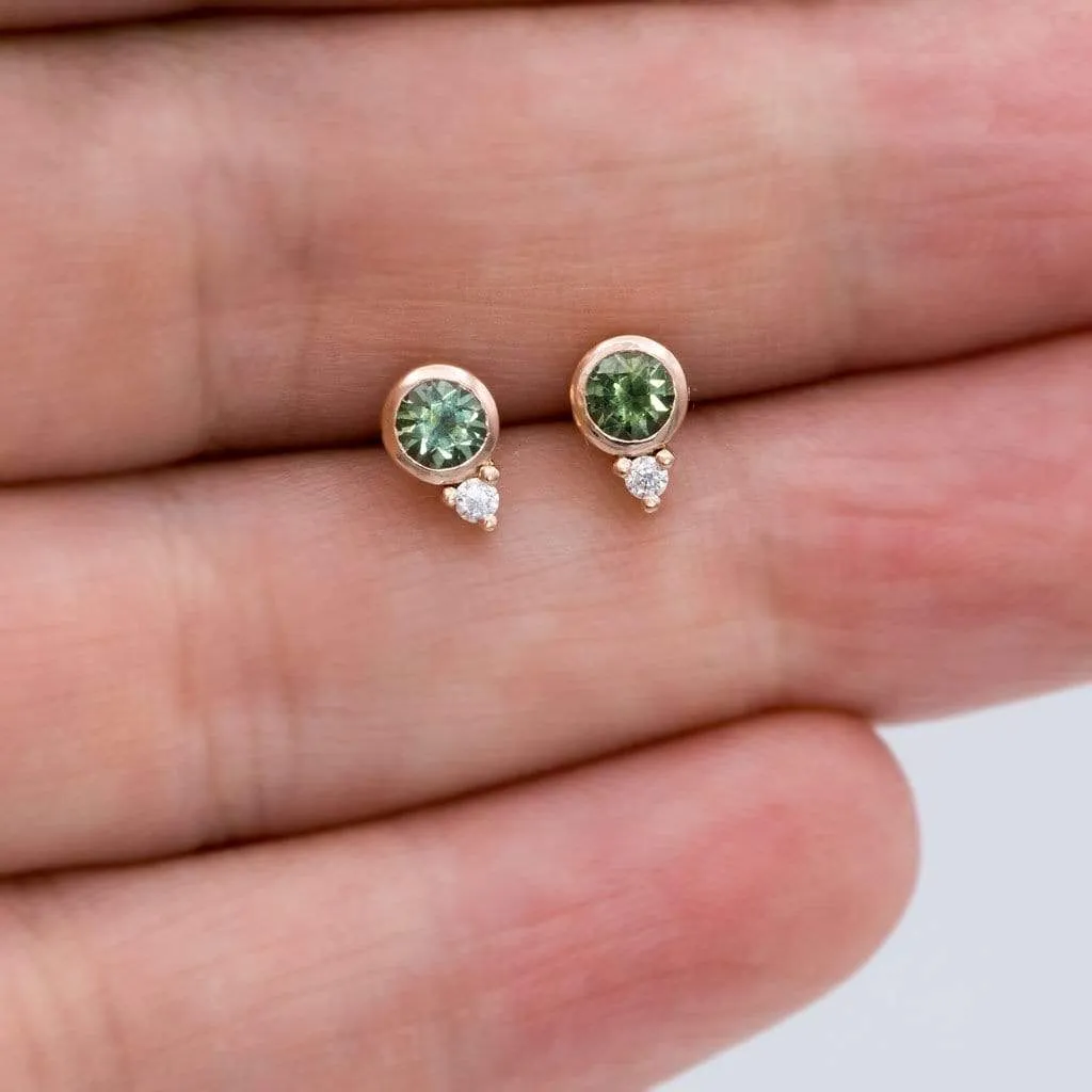 Fair Trade Blue-Green Montana Sapphire Bezel Stud Earrings With Moissanite Accents