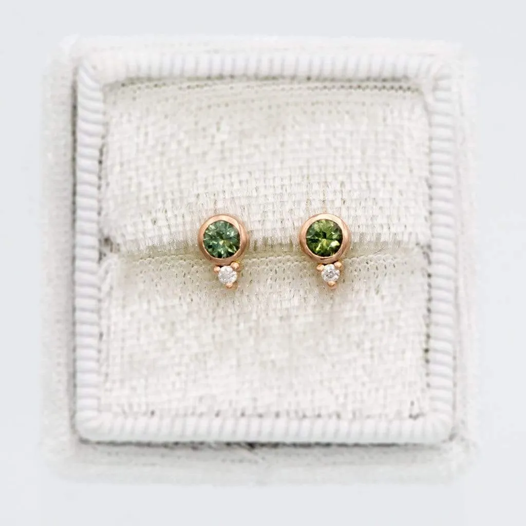 Fair Trade Blue-Green Montana Sapphire Bezel Stud Earrings With Moissanite Accents