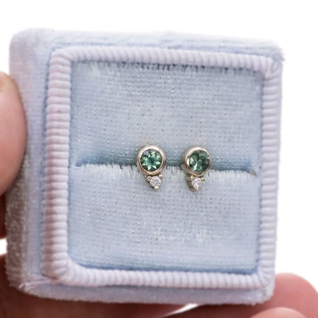 Fair Trade Blue-Green Montana Sapphire Bezel Stud Earrings With Moissanite Accents