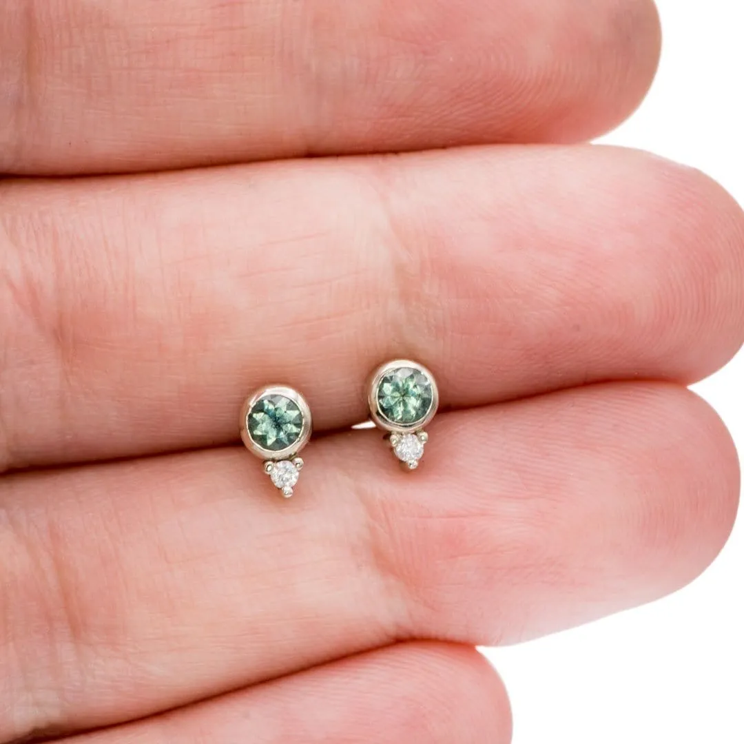 Fair Trade Blue-Green Montana Sapphire Bezel Stud Earrings With Moissanite Accents