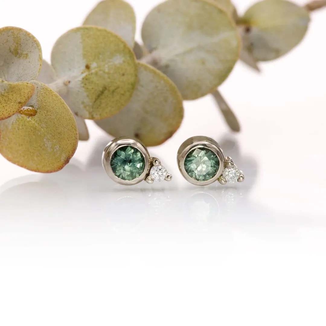 Fair Trade Blue-Green Montana Sapphire Bezel Stud Earrings With Moissanite Accents