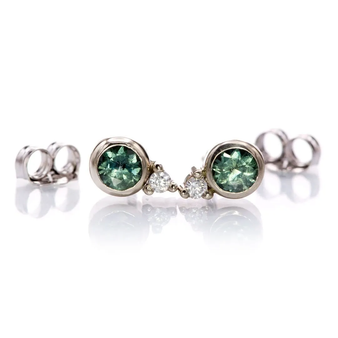 Fair Trade Blue-Green Montana Sapphire Bezel Stud Earrings With Moissanite Accents