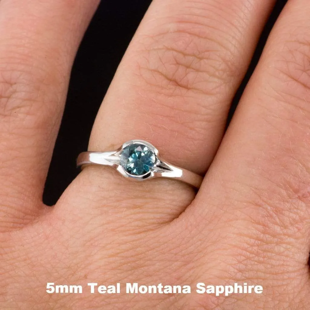 Fair Trade Teal / Blue Montana Sapphire Fold Solitaire Engagement Ring