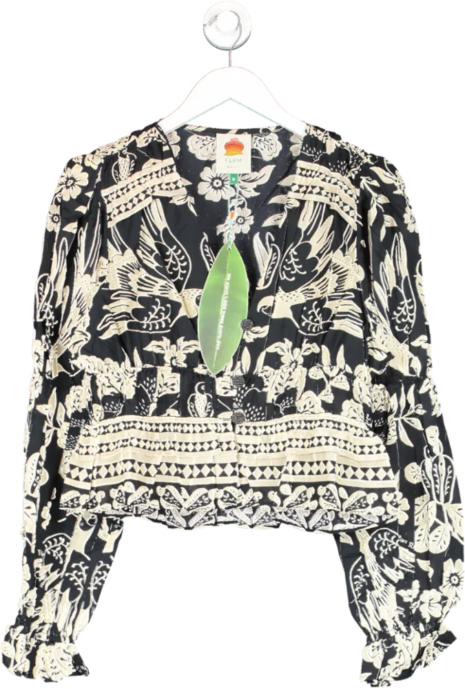 Farm Rio Cropped Floral-print Cotton-sateen Blouse In Graphic Floral Black Bnwt UK M