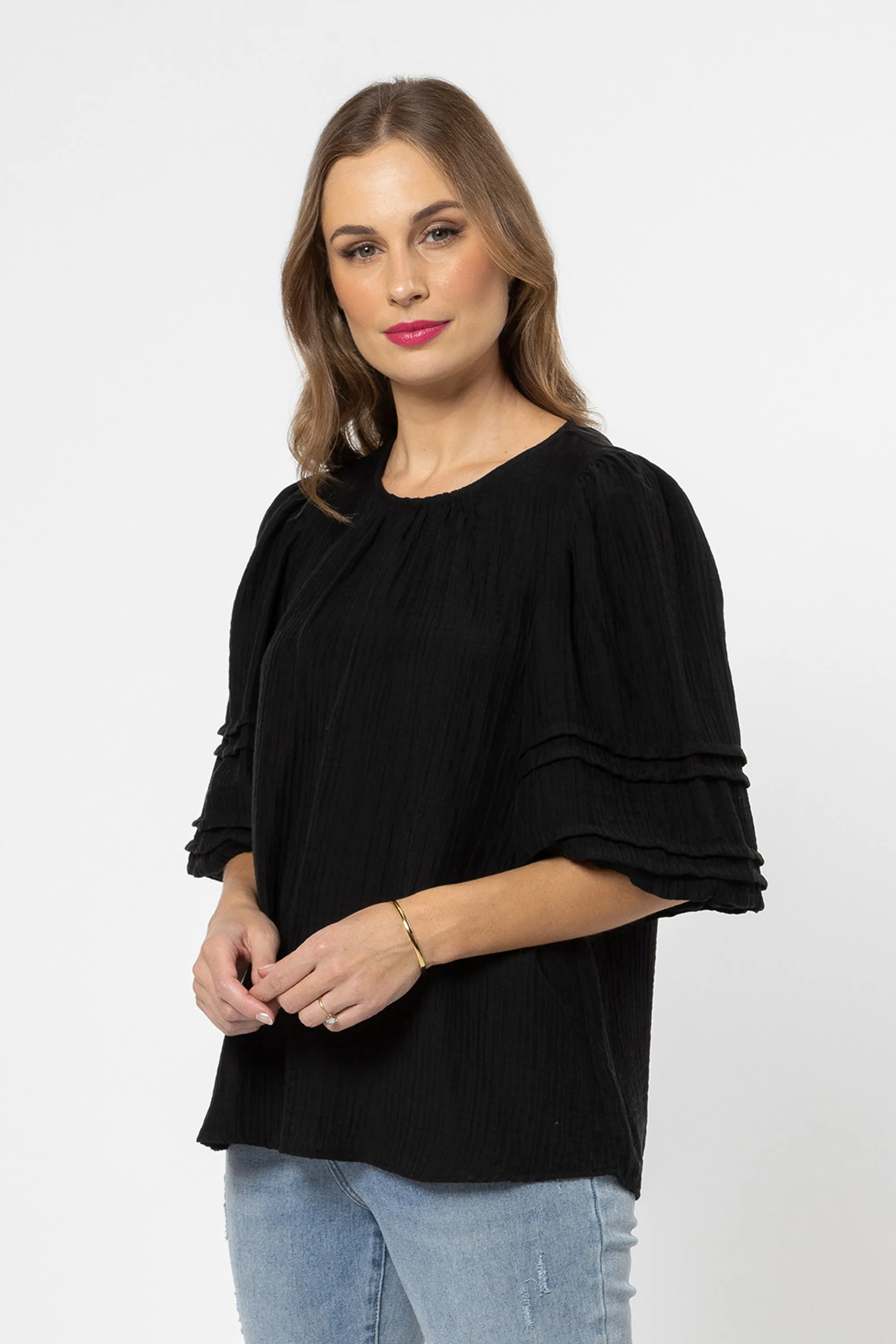 Fateful Black Linen Puff Mid Sleeve Top