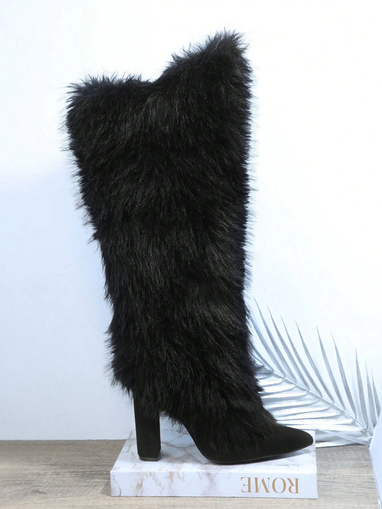 Faux Fur Point Toe Chunky Heeled Boots