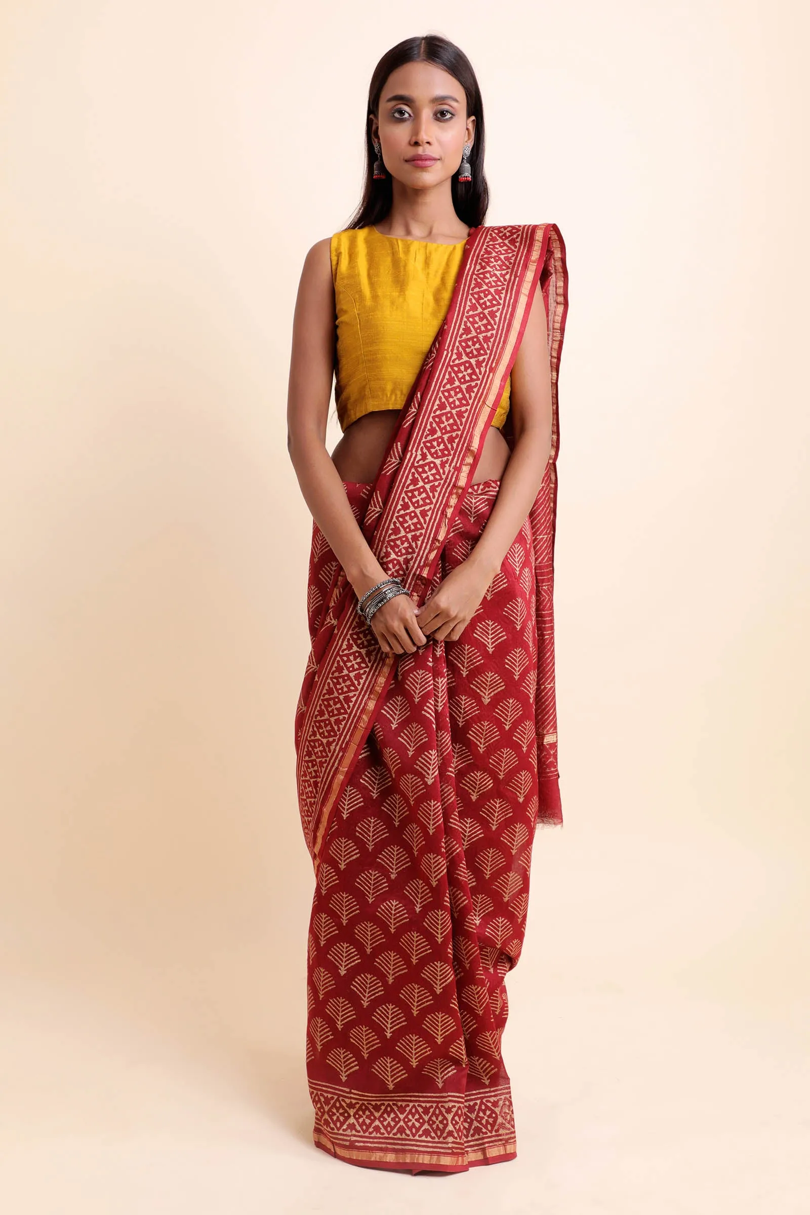 Fireplace Chanderi Cotton Silk Saree with Khari Handblock