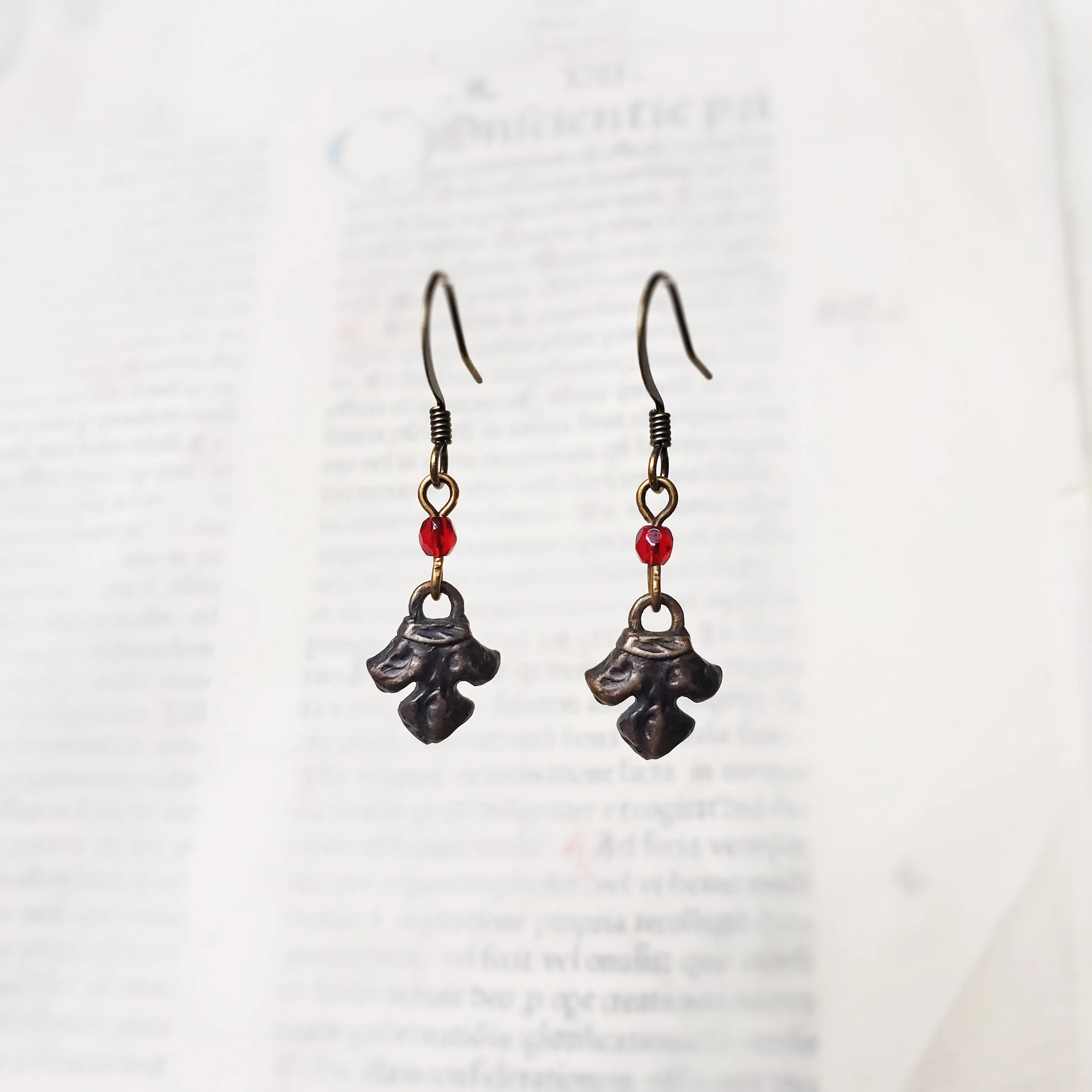 fleur earrings : ruby glass & antiqued bronze