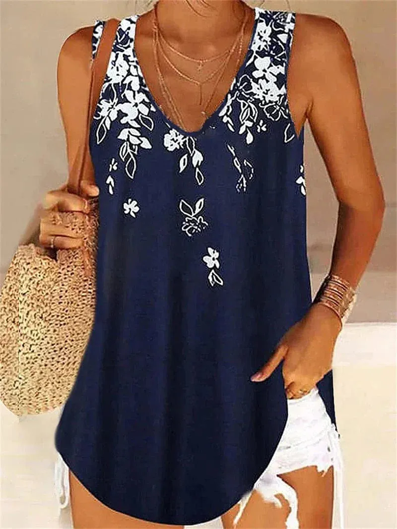 Floral Pink and Blue Sleeveless V-Neck Women's Tank Top