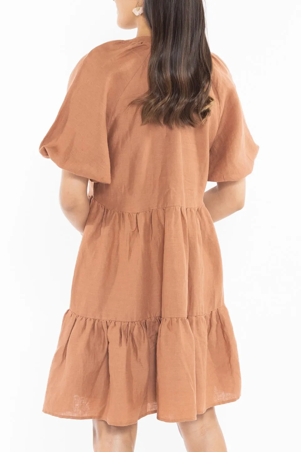 Grateful Rust Linen Puff Sleeve Tiered Mini Dress