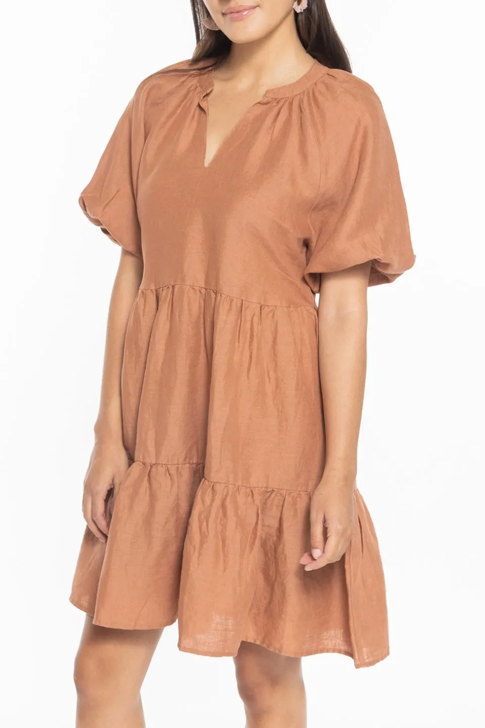 Grateful Rust Linen Puff Sleeve Tiered Mini Dress