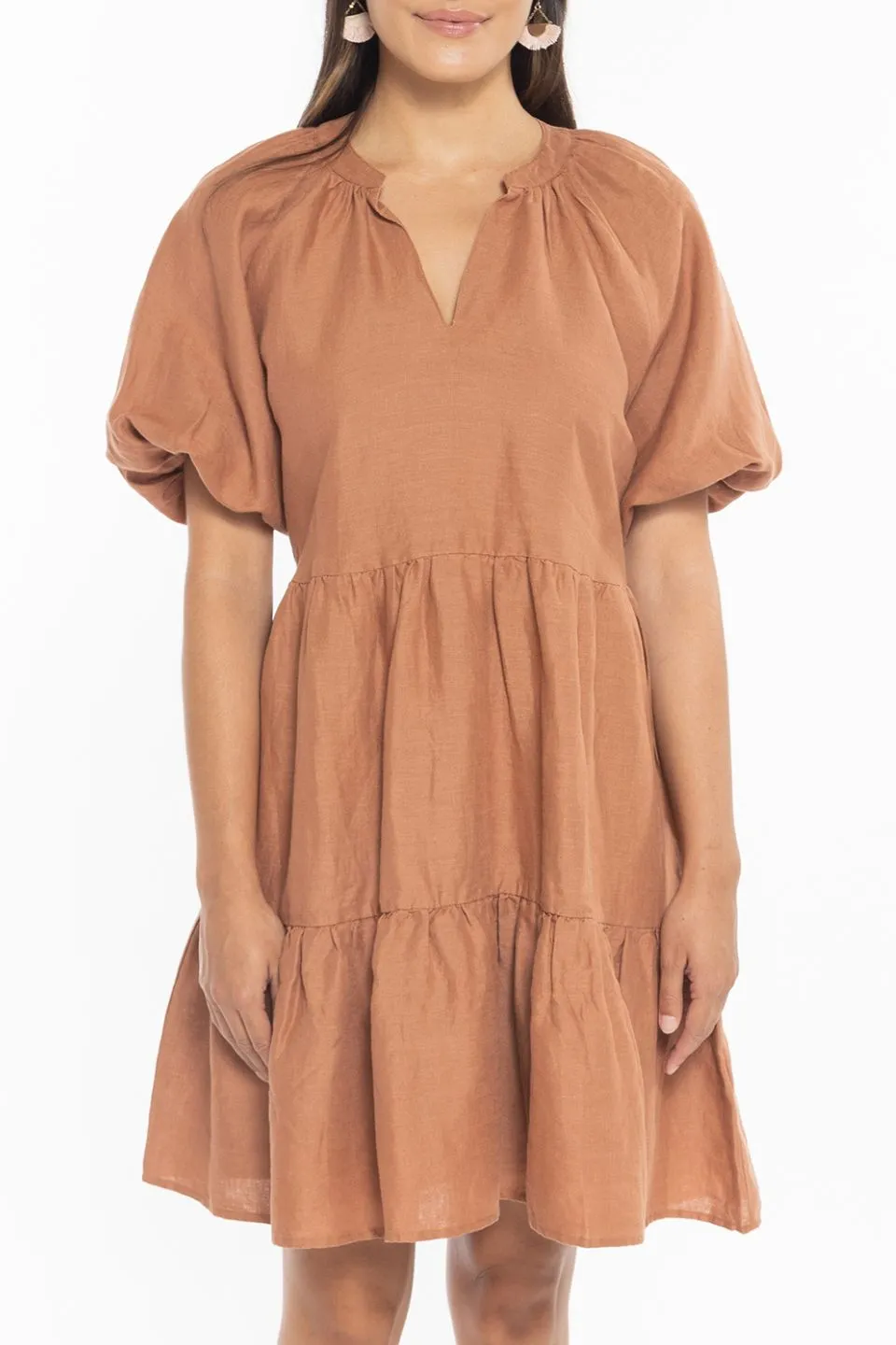 Grateful Rust Linen Puff Sleeve Tiered Mini Dress