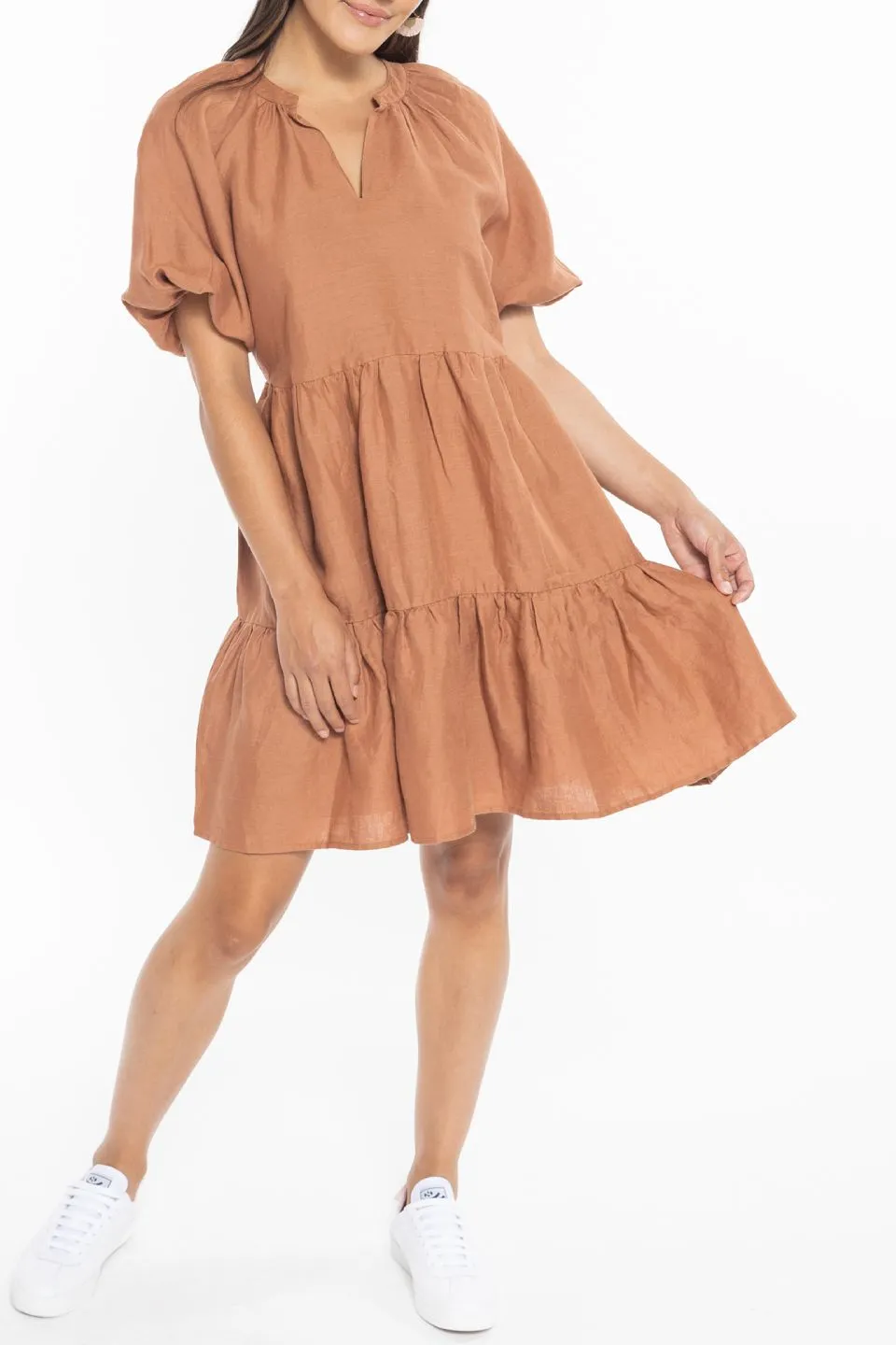 Grateful Rust Linen Puff Sleeve Tiered Mini Dress