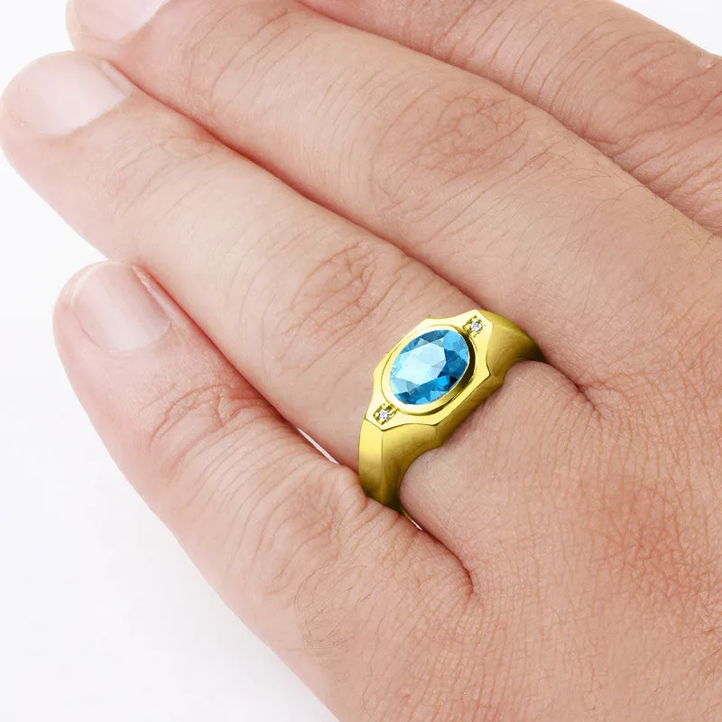 Men's Ring with Blue Topaz and Natural Diamonds in 10k Gold, Statement Ring for Men