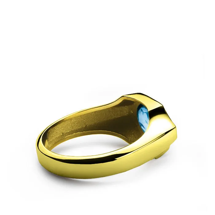 Men's Ring with Blue Topaz and Natural Diamonds in 10k Gold, Statement Ring for Men