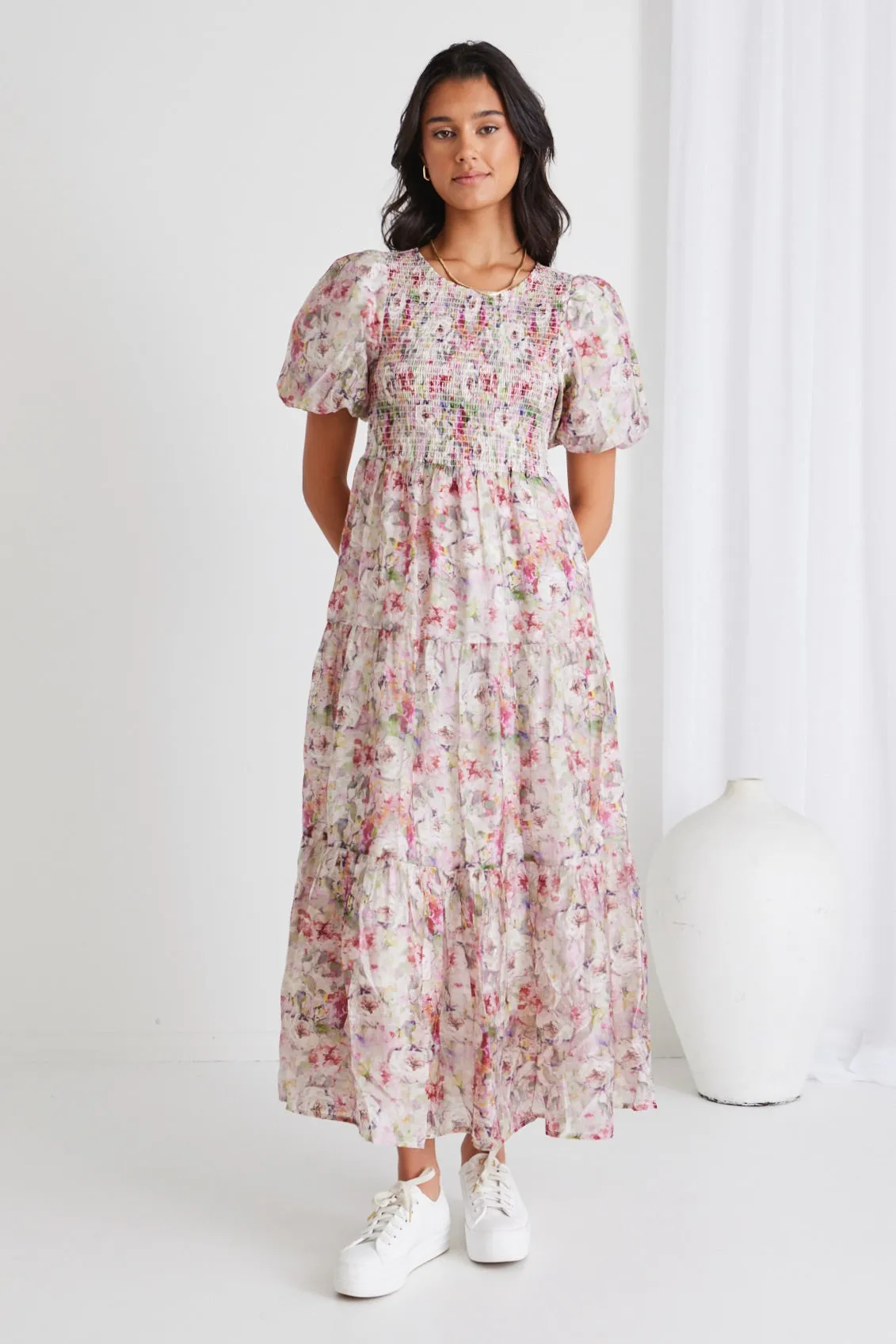 Milano Monet Floral Puff Sleeve Tiered Maxi Dress