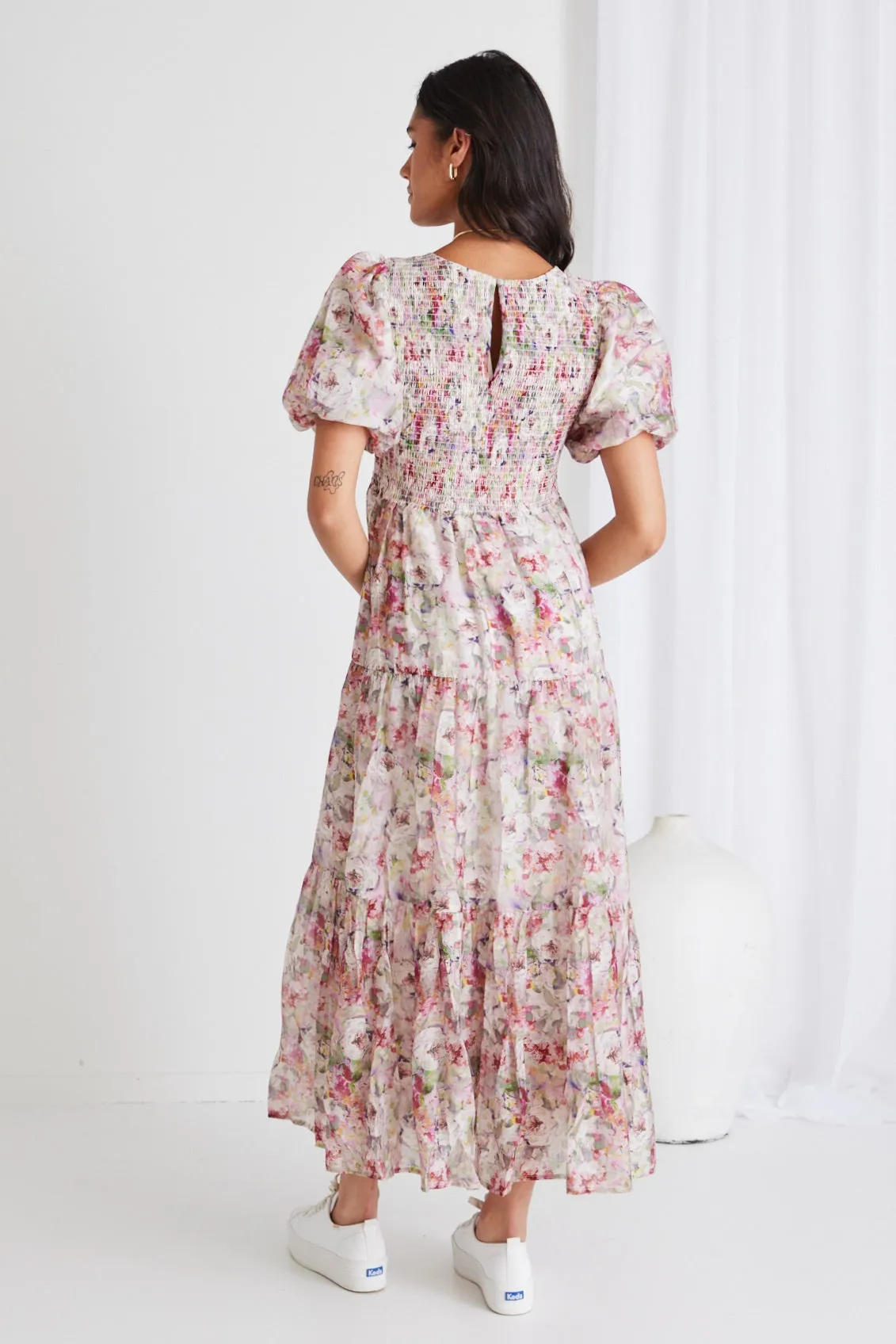 Milano Monet Floral Puff Sleeve Tiered Maxi Dress