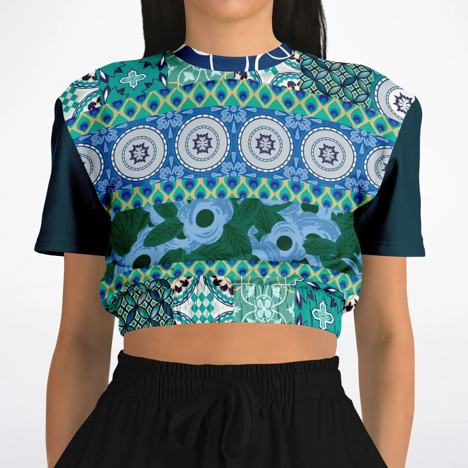 Mykonos Floral Patchwork Short Sleeve Cropped Eco-Poly Sweater