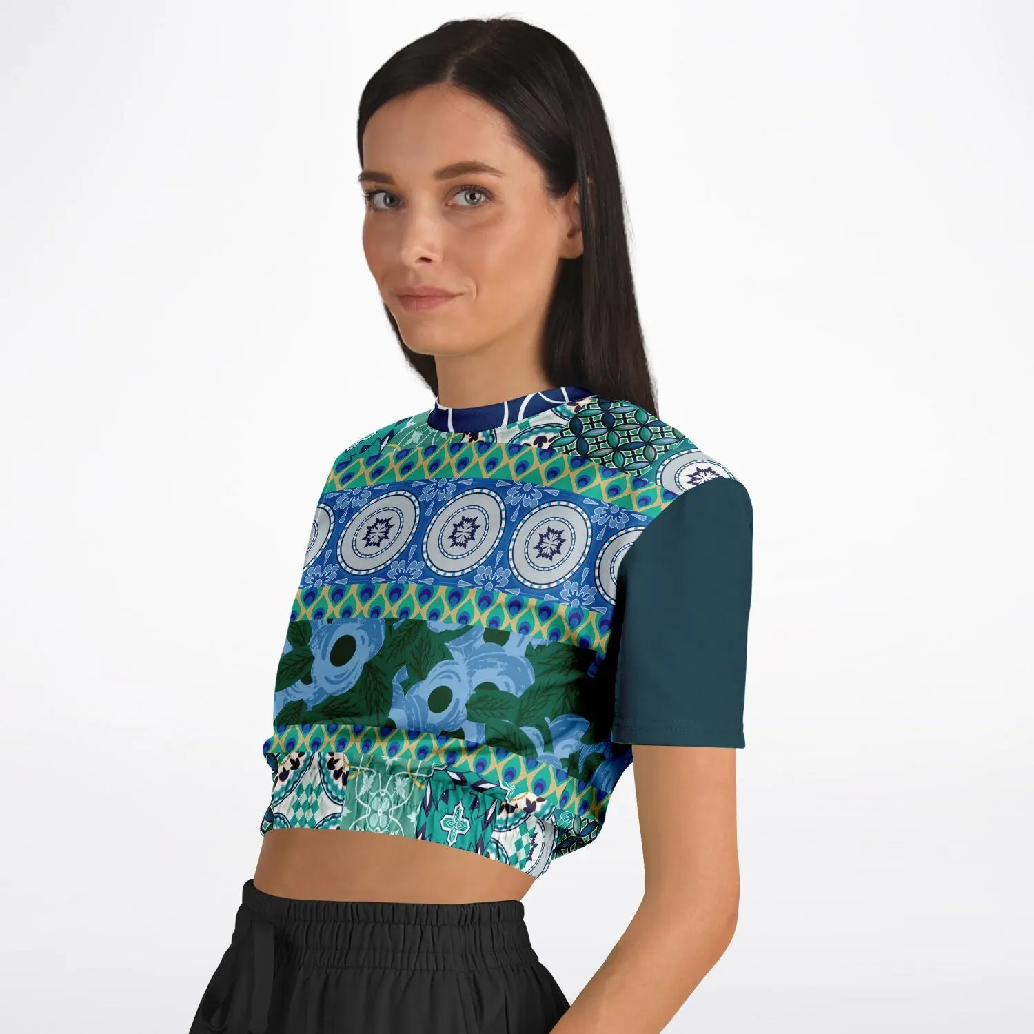 Mykonos Floral Patchwork Short Sleeve Cropped Eco-Poly Sweater