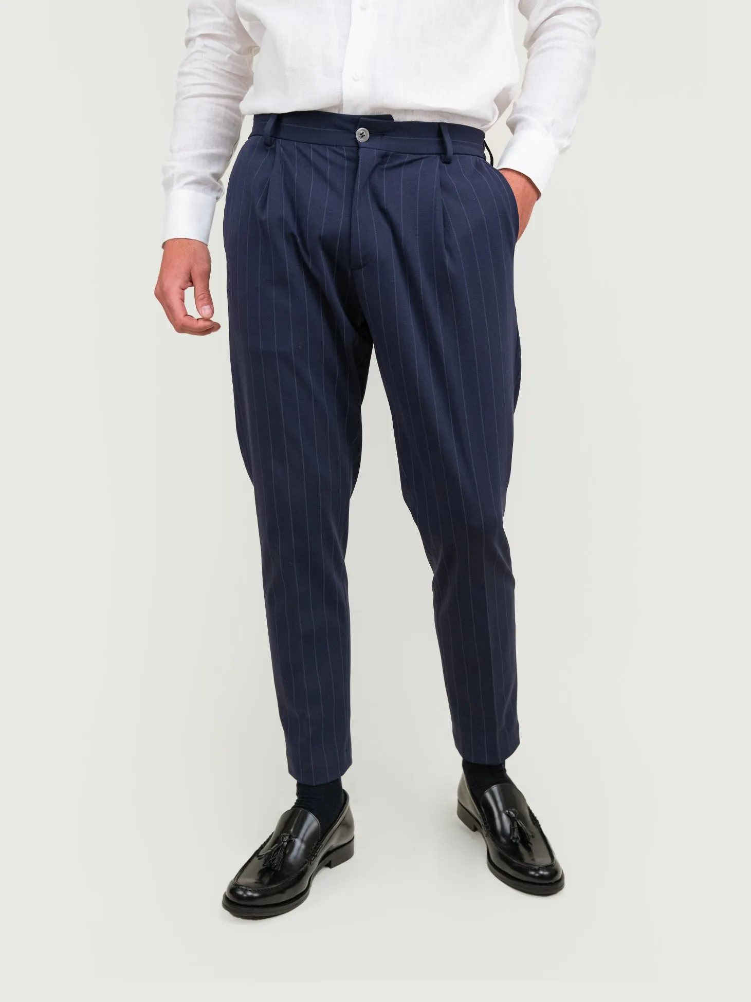 PANTALONE IN COTONE GESSATO BLU NAVY