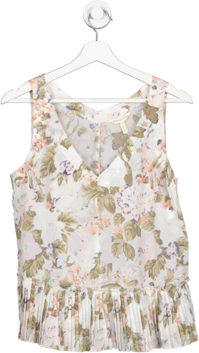 Rebecca Taylor Multicoloured Pastel Silk & Cotton Floral Penelope Sleeveless Pleated Peplum Top UK 10