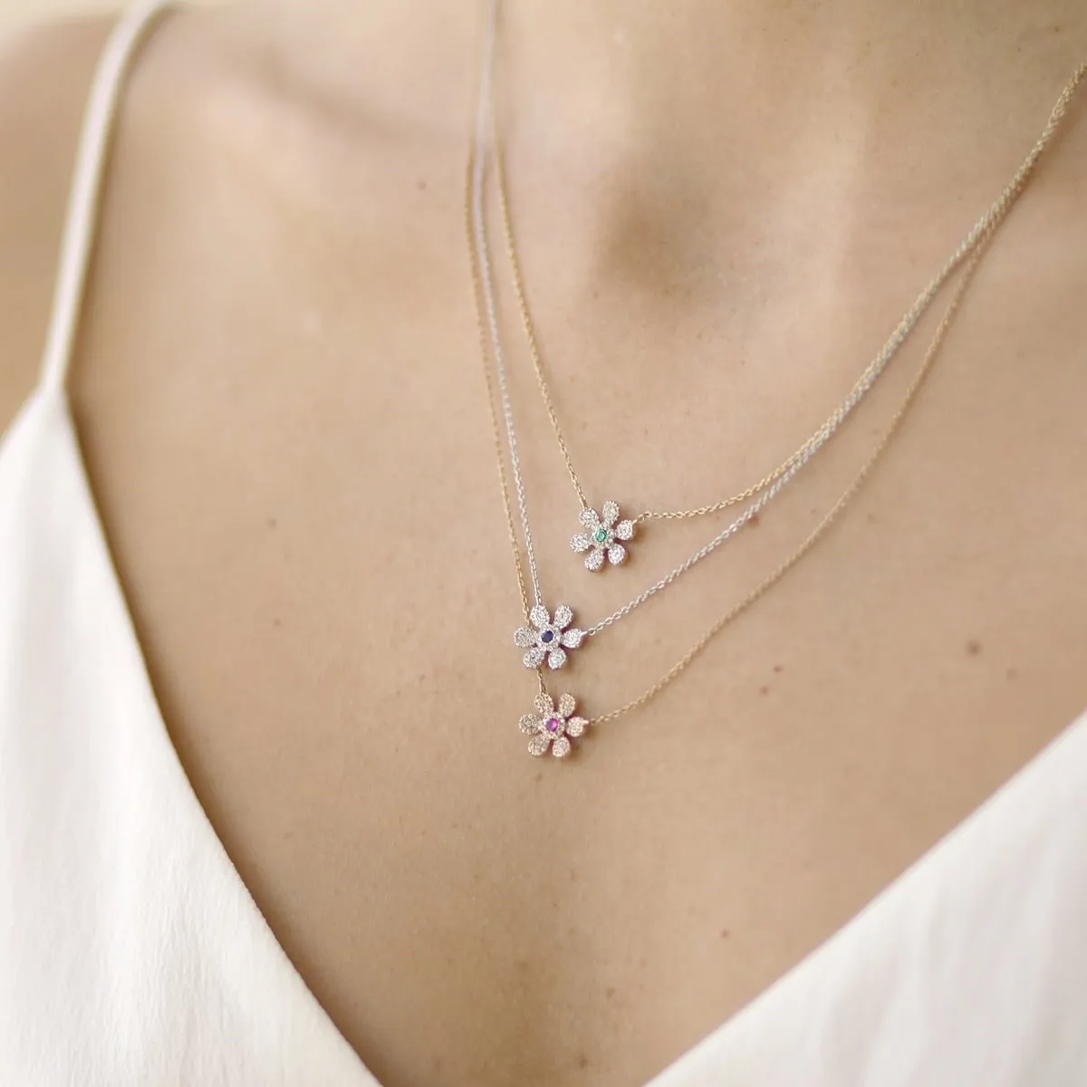 Sapphire and Diamond Pavé Flower Pendant Necklace