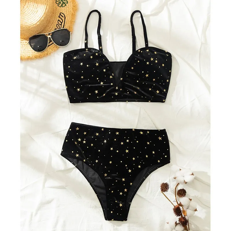 Stars in The Sky Samt-Bikini mit hoher Taille