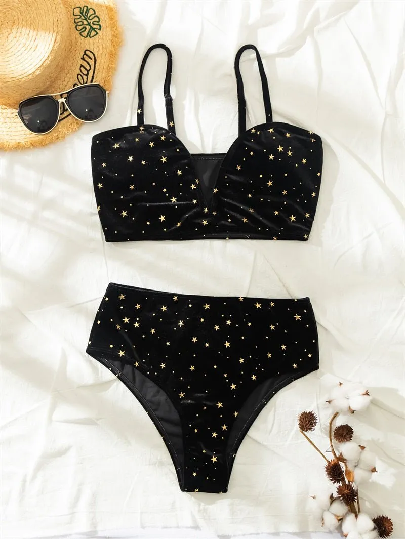 Stars in The Sky Samt-Bikini mit hoher Taille