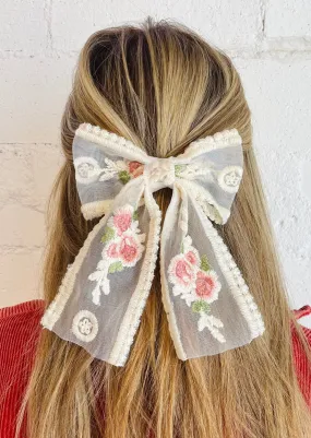 Vintage Rose Embroidered Chiffon Bow Clip