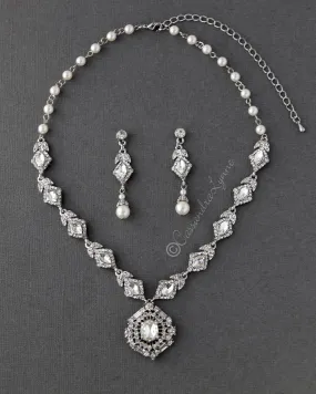 Vintage Wedding Necklace Set of Pearls and Rhinestones