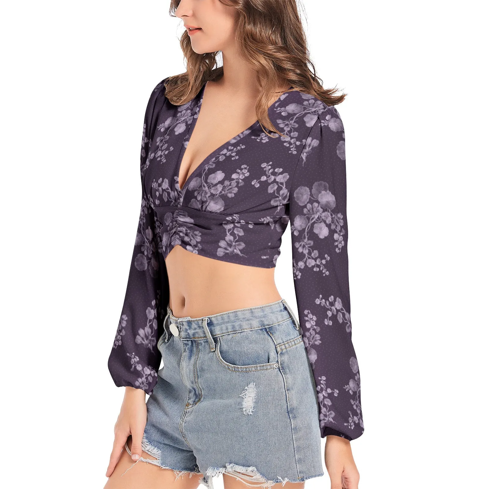 Women's Deep V-Neck Lantern Sleeve Crop Top