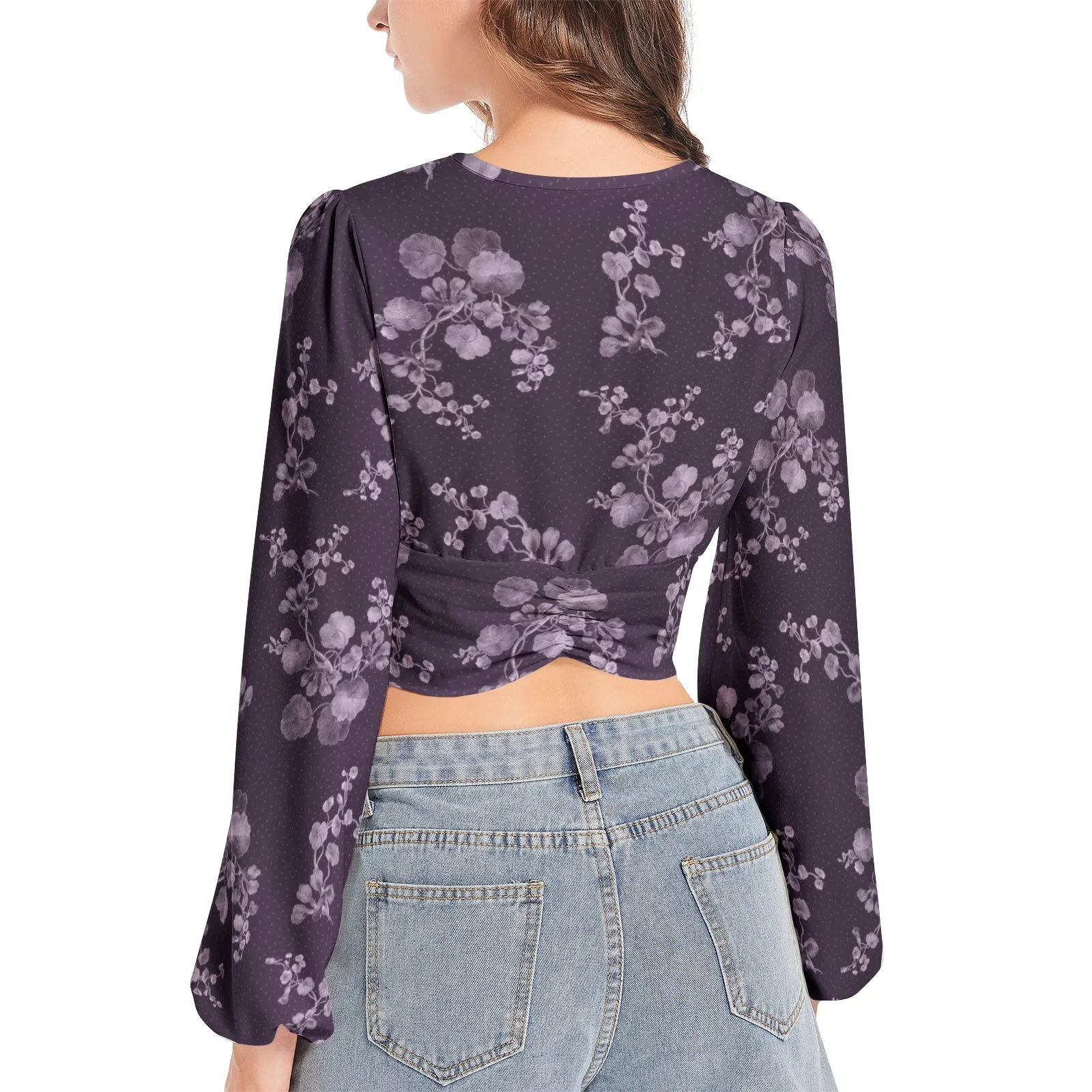 Women's Deep V-Neck Lantern Sleeve Crop Top